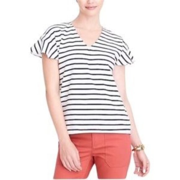 J.Crew Cap Sleeve Striped V-Neck Cotton Tee Shirt Navy/White M Nautical Sustaina - Picture 1 of 9